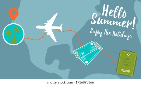 Vector banner summer poster and travel design, vector illustration. Buy ticker take your passport and enjoy summer time for trip, tourism or journey on sea. Fly on plane, relaxing on beach, holidays.