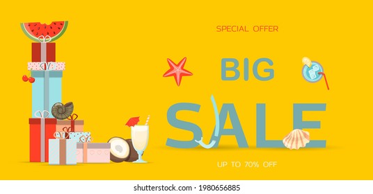 Vector banner for the summer sale. A bright flat illustration of the discount season. Ad template. Hot Summer Sale Typography