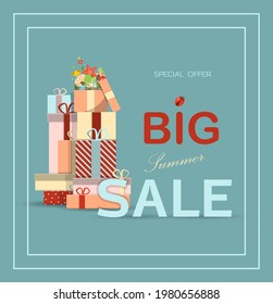 Vector banner for the summer sale. A bright flat illustration of the discount season. Ad template. Hot Summer Sale Typography