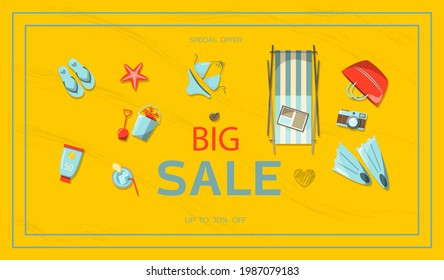 Vector banner for the summer sale. A bright flat illustration of the discount season. Ad template. Hot Summer Sale Typography