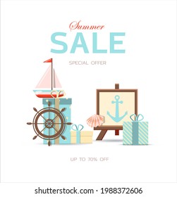 Vector banner for the summer sale. A bright flat illustration of the discount season. Ad template. Hot Summer Sale Typography