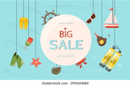 Vector banner for the summer sale. A bright flat illustration of the discount season. Ad template. Hot Summer Sale Typography