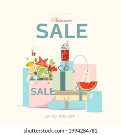Vector banner for the summer sale. A bright flat illustration of the discount season. Ad template. Hot Summer Sale Typography