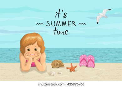 Vector banner summer sea beach vacation with the inscription. It's summer time. Smiling kids girl  lying on sea shore
