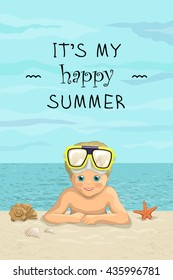 Vector banner summer sea beach vacation with the inscription. Smiling baby boy lying on sea shore