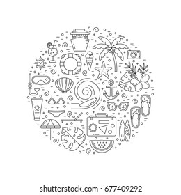 Vector banner with summer symbols in trendy linear style isolated on white background