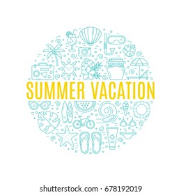 Vector Banner With Summer Symbols In Trendy Linear Style Isolated On White Background