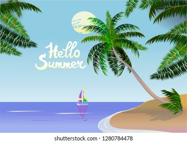 Vector Banner Summer vacation and travel design.On the ocean, among palm trees.