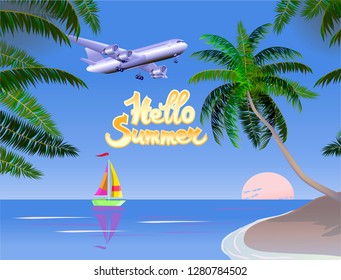 Vector Banner Summer vacation and travel design.On the ocean, among palm trees.