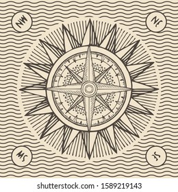 Vector banner with sun, wind rose and old nautical compass in retro style. Hand-drawn illustration on the theme of travel, adventure and discovery on the background with waves