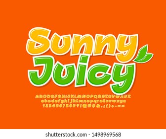 Vector Banner Sunny Juicy Font with decorative leaves. Yellow bright Alphabet Letters, Numbers and Symbols