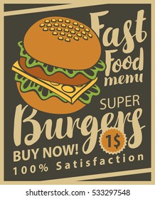 vector banner with super cheeseburger on retro style