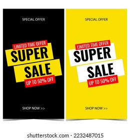 Vector banner for Super Sale promotion. Discount and sale poster, flyer or booklet for shopping season announcement. Limited time offer and price reduction advertisement banner in flat style.