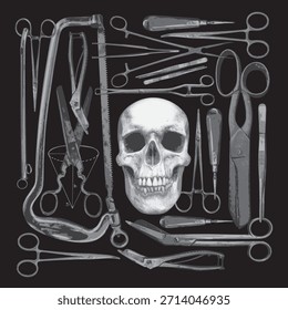 Vector banner with surgical instruments and human skull on the topics of anatomy, surgery, medicine, horror and thriller.  Vintage background with medical sketches. No ai