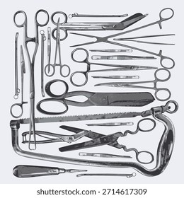 Vector banner with surgical instruments and a human heart on the topics of anatomy, surgery, and cardiology. Vintage background with medical sketches. No ai