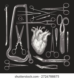 Vektorbanner mit chirurgischen Instrumenten und einem menschlichen Herz zu den Themen Anatomie, Chirurgie und Kardiologie. Vintage Hintergrund mit medizinischen Skizzen. Keine Ahnung