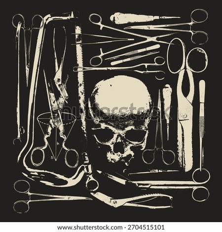 Vector banner with surgical instruments and human skull on the topics of anatomy, surgery, medicine, horror and thriller.  Vintage background with medical sketches. No ai