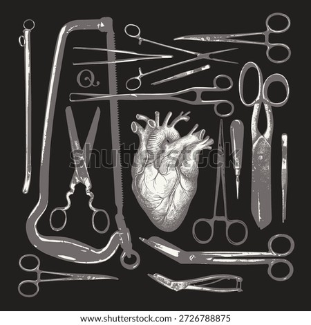 Vector banner with surgical instruments and a human heart on the topics of anatomy, surgery, and cardiology. Vintage background with medical sketches. No ai