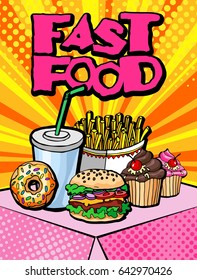 Vector banner with table with fast food:  donut,  milkshake, cupcake, hamburger, french fries. Pop art style. Yellow  background