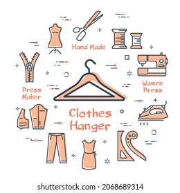 Vector banner of tailor and sewing - clothes hanger