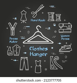 Vector banner of tailor and sewing - clothes hanger on black