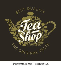 Vector banner for a tea shop with a calligraphic inscription and sketches. Illustration of a teapot or kettle consisting of various medicinal herbs in retro style.