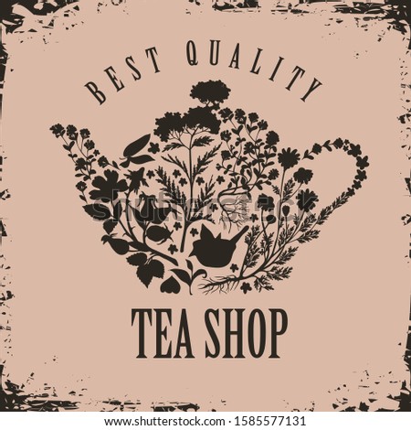 Vector banner for a tea shop with inscription and sketches. Illustration of a teapot or kettle consisting of various medicinal herbs on the old paper background in retro style.