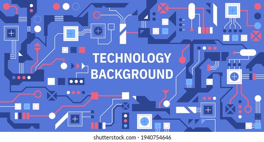 Vector banner of Technology Background concept. Abstract pattern with connecting dots and lines, different circuit boards, microcircuits interconnected. Vector illustration of High-tech print design