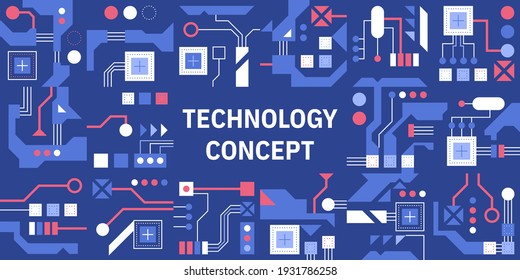 Vector banner of Technology concept. Abstract pattern with different circuit boards interconnected. High-tech microcircuits and chips print design. Vector illustration of hardware, computer industry