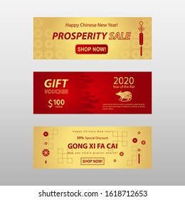 Vector banner template in abstract Chinese New Year Rat 2020 design in gold and red gradient background. Vector banner for website, online shop, e-commerce, promotional, advertising and marketing.