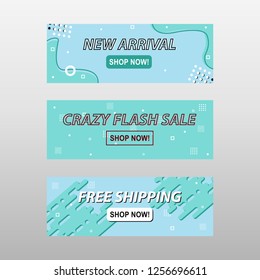 Vector banner template in abstract geometric flat memphis style design. In color combination of turquoise green.