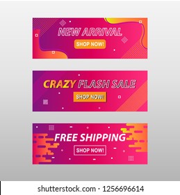 Vector banner template in abstract geometric gradient memphis style design. In color combination of violet,pink,yellow,orange.