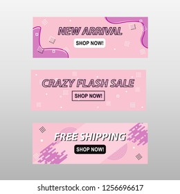 Vector banner template in abstract geometric flat memphis style design. In color combination of purple and pink.