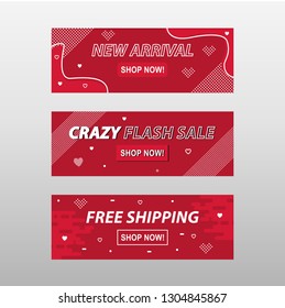 Vector banner template in abstract geometric gradient memphis style design. In color theme of red and white. With elements of small hearts. Sale Banners, new arrival, crazy flash sale, free shipping.