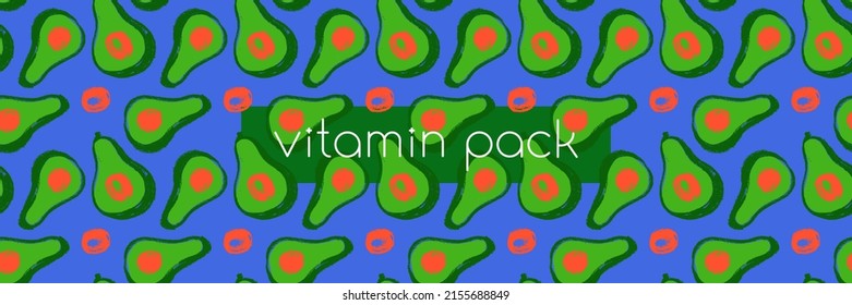 Vector banner template with avocado pattern for healthy food website, organic cosmetics products. Hand drawn Avocados  for vegetarian cooking shop design, label, badge, packaging. Trendy ingredients.