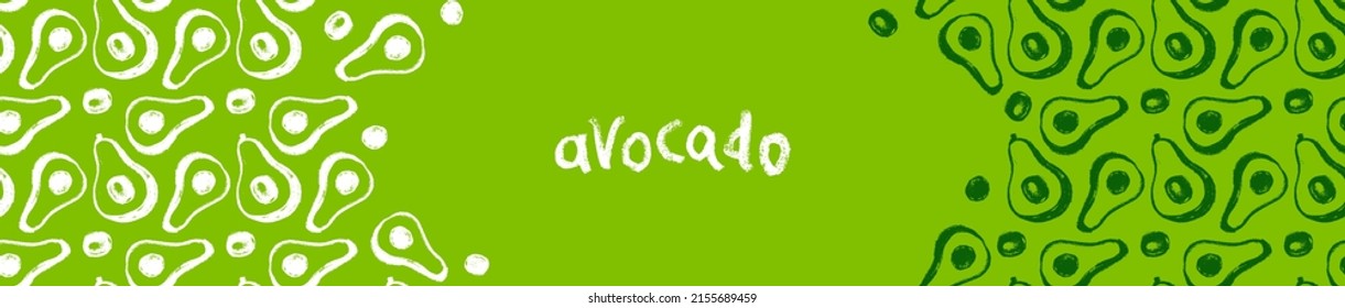 Vektorbanner-Vorlage mit Avocado-Muster für gesunde Lebensmittel-Website, organische Kosmetikprodukte. Handgezeichnete Avocados für die Gestaltung des vegetarischen Kochwerkes, Etikett, Abzeichen, Verpackung. Trendige Zutaten.