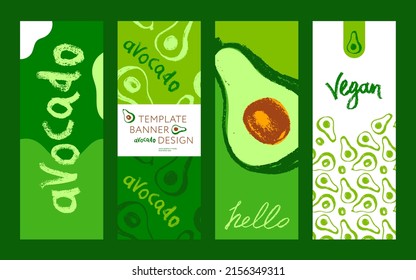 Plantilla de banner vectorial con patrón aguacate para sitio web de comida saludable, productos cosméticos orgánicos. Abogados dibujados a mano para el diseño de tiendas de cocina vegetariana, etiqueta, placa, embalaje. Ingredientes de moda.