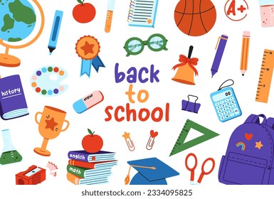 Plantilla de banner vectorial para el concepto Back to School. Educación, elementos escolares alrededor del texto. Fondo blanco.