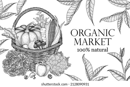 Vector banner template with a basket with a harvest of vegetables and leaves. Graphic linear wicker basket, pumpkin, corn, carrot, broccoli, onion, tomato, radish, cabbage, cauliflower, bell pepper