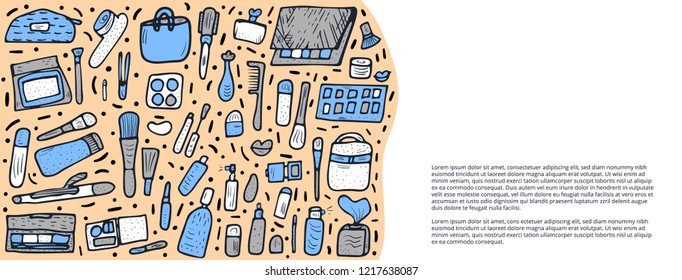 Vector banner template with beauty items. Set of doodle style cosmetic tools. Makeup collection.  