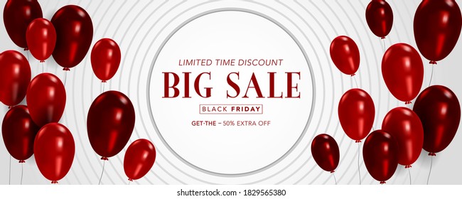 planilla de banner vectorial friday negro con globos, afiche de viernes negro con fondo de círculo blanco