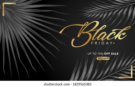 vector banner template black friday with natural leaves, black friday poster in black background