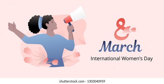 Vector banner template of black independent woman handling megaphone, tulips and flag over pink background. Modern flat design concept for March 8 celebrations.