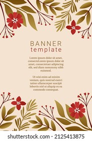 Vector banner template for branding, packaging, website. Flat design with isolated illustrations of flowers, plants, leaves, berries, branches. Hand drawn trendy elements.