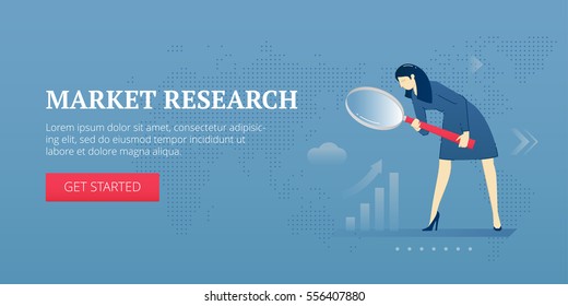 Vector banner template of business woman looking through magnifying glass doing market research. Vector concept for internet banners, social media banners, headers of websites and more