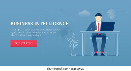 Vector banner template of businessman character sitting at the office desk and working on laptop. Vector concept for internet banners, social media banners, headers of websites and more