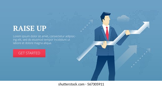 Mapa vectorial de personaje de negocios en traje de negocios que levanta una flecha. Concepto vectorial para banners de Internet, banners de medios sociales, encabezados de sitios web y más