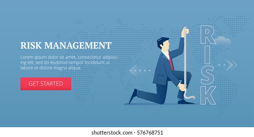 Vector banner template of businessman character measuring a word 'risk' with measure tape. Vector concept for internet banners, social media banners, headers of websites and more.