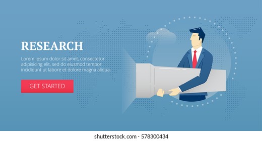 Vector banner template of businessman character in business suit shining large flashlight in research. Vector concept for banners, infographics or landing pages of website