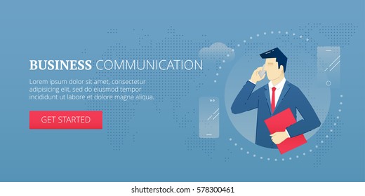 Vector banner template of businessman character talking on cell phone. Vector concept for banners, infographics or landing pages of website